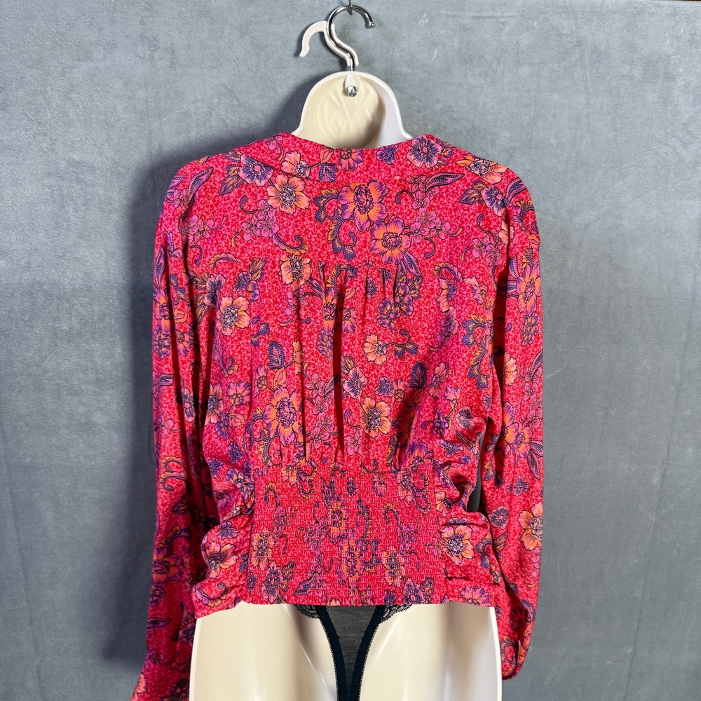 Free People Crop Top L Floral Ruched Blouse Red Pink Boho Bright Slip Smocked - Picture 4 of 16